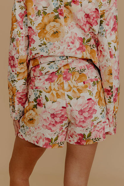 Paris En Fleurs High Waist Floral Linen Blend Shorts