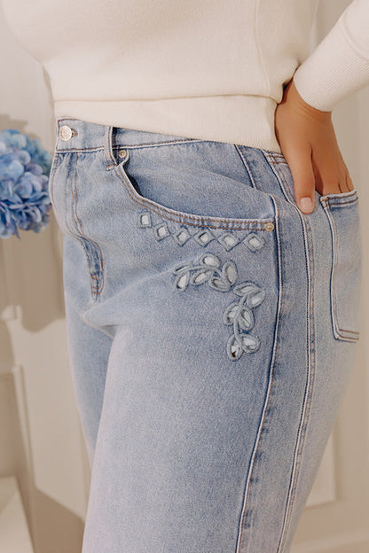 The Lucia High Waist Embroidered Barrel Leg Jean in Curves