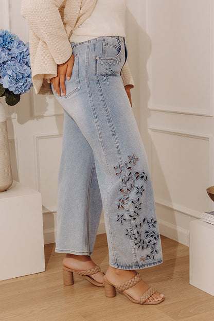 The Lucia High Waist Embroidered Barrel Leg Jean in Curves
