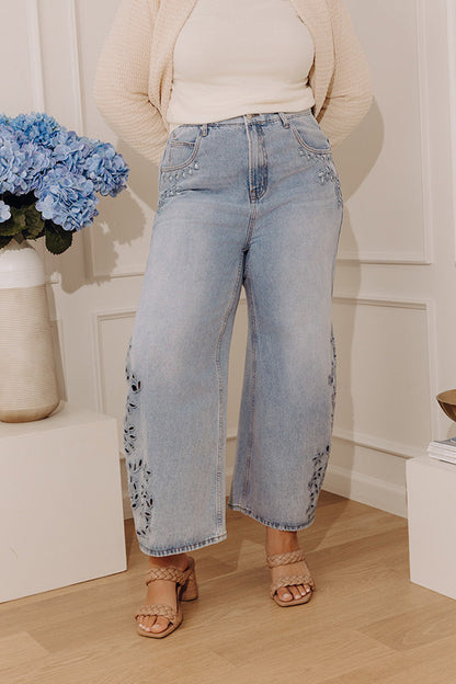 The Lucia High Waist Embroidered Barrel Leg Jean in Curves