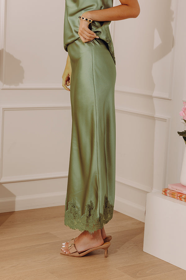 Opulent Ease High Waist Satin Lace Trim Midi Skirt in Sage