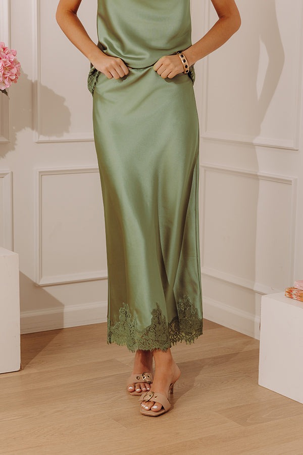 Opulent Ease High Waist Satin Lace Trim Midi Skirt in Sage